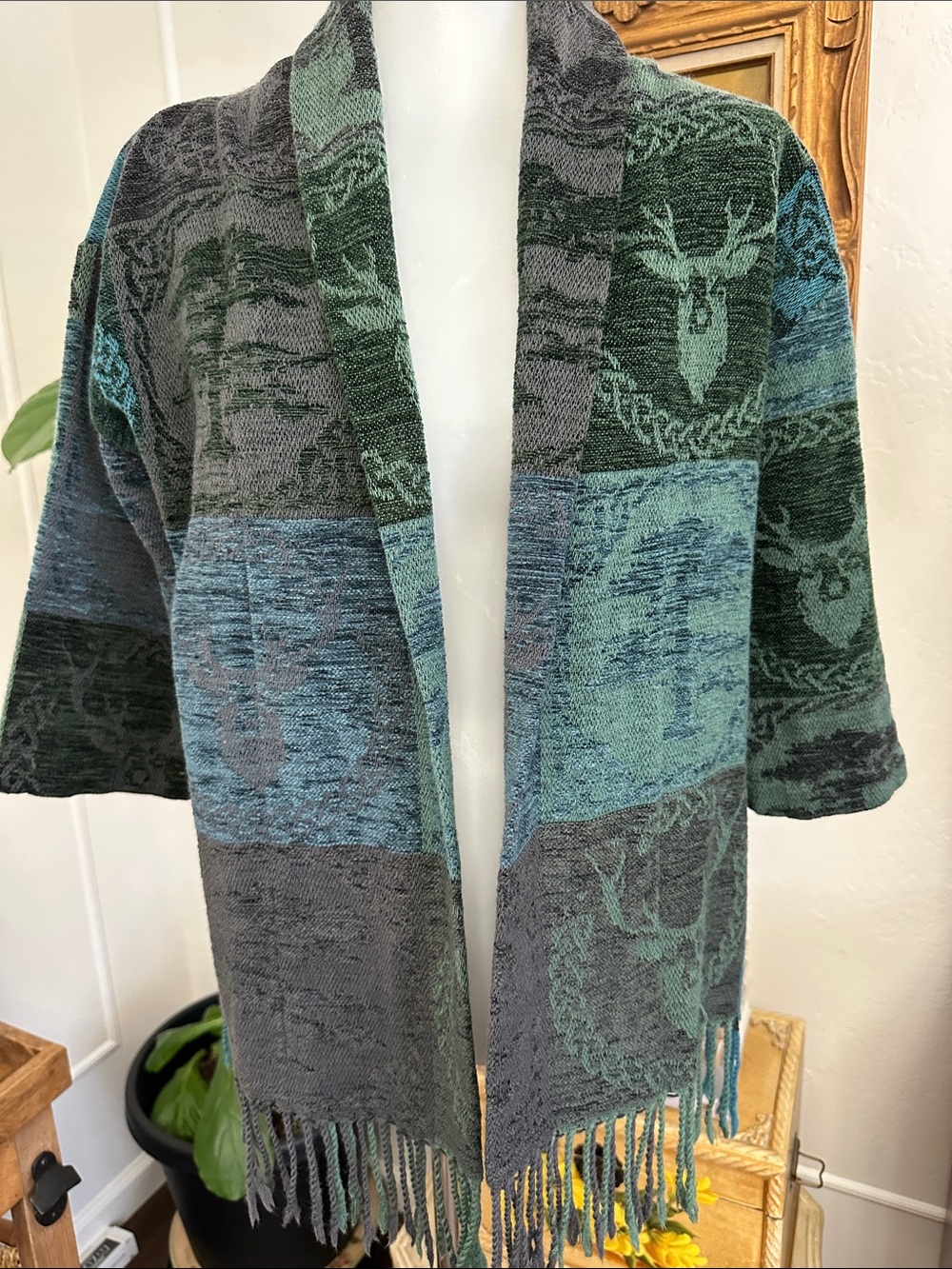 Calzeat tapestry Open-Front Green & Teal Shawl Cardigan with Fringe